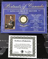 Blue display card showing the portrait of King George VI with the coin in center and certificate of authenticity below