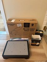 Full view of all items: large cardboard box for Biobidet BB-500 bidet toilet seat, portable footstool, box of men shields, and men's cleaner