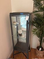 Front view of the tall metal and glass display cabinet showing the lock and key tag on the door, with some display items inside (contents not included).