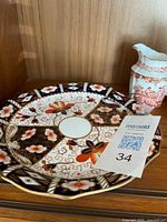 Royal Crown Derby Imari pattern decorative plate with floral and geometric designs in blue, orange, pink, and gold