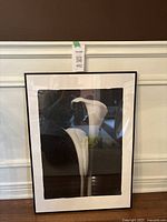 Black framed black and white calla lily floral print hanging on white wall paneling, showing two calla lily flowers on dark background.