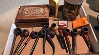 Overview of all pipes laid side by side with tobacco tins and wooden box visible