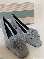 Pair of grey suede pumps with silver sparkle finish and floral appliques on toes, placed in front of striped linen shoe box.