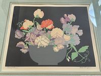 Full view of framed sweet pea woodblock print showing composition and frame