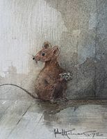 Close-up of the watercolour painting showing the brown mouse holding blue cheese