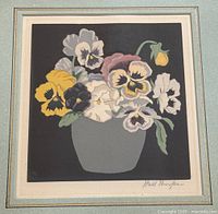 Close-up of framed print showing floral design and vase