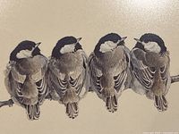 Photo of four sparrows perched on a branch, detailed and naturalistic illustration.