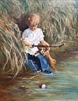 Close-up of painting showing young boy and dog at riverbank