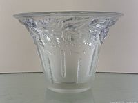 Front view of the satin glass vase showing full birch leaf pattern and flared top