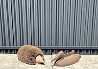 Cast iron loon-form boot scraper and porcupine-shaped wood boot brush displayed side by side