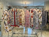 Rack of seven silk blouses and one dress hanging on metal rack showing overall lot contents