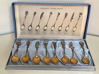 Open box showing eight Harlequin coffee spoons with gold-washed bowls and floral handles, satin lining and labeled insert visible.