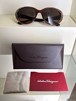 Sunglasses displayed with hard case, cleaning cloth and COA card