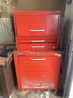 Front view of assembled red Mastercraft two-piece tool chest