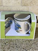 Portmeirion Botanic Garden Hydrangea mug and coaster set in original box, showing botanical blue hydrangea floral print.