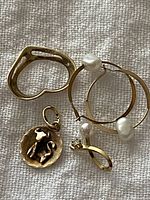 All four jewelry pieces arranged on fabric: heart pendant, zodiac pendant, hoop earrings, pearl and clear stone loop pendant