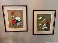 Pair of framed Chinese hand painted watercolours including bird and flower scenes, no glass panels visible.