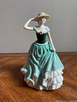Front view of Royal Doulton figurine Emily HN 4093 showing dress details and hat.