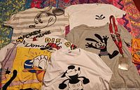 Lot overview showing six Disney-themed T-shirts, red Disneyland lanyard with pins, and parts of Universal Studios bag and card decks