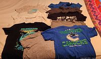 Nine men's shirts including t-shirts and polo shirts laid flat on a bed, showing various colors and graphic designs.
