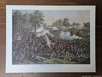 Full view of the Battle of Wilsons Creek art print showing battle scene with soldiers, horses, trees, and smoke effects.