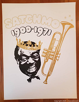 Full view of Louis Armstrong pop art poster with 'SATCHMO 1900-1971' text, crown, trumpet and smiling portrait.