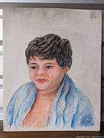 Full frontal view of the original artwork portrait on canvas showing the woman with short dark hair, blue garment, and natural skin tones with some canvas discoloration.