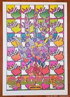 Full view of the colorful psychedelic pop art poster with stylized hands and floral designs