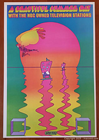 Full view of the colorful psychedelic pop art poster with the large red sun and stylized text.
