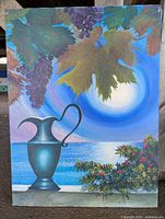Painting showing metal pitcher, grape leaves and grapes, coastal sea under full moon