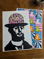 Two posters shown: One with a black silhouette of Toulouse Lautrec with psychedelic text on hat, other with colorful repeated political pop art images.