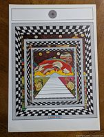 Full view of vintage Peter Max poster with psychedelic pop art design of nested checkered frames and cosmic landscape.