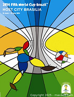 Photo showing colorful 2014 FIFA World Cup Brazil soccer poster featuring abstract design with Brasilia landmark and text '2014 FIFA World Cup Brazil Host City Brasilia'
