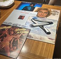 Photo showing vinyl records including Cliff Richard in a blue jacket, Barry Manilow Greatest Hits, Mike Oldfield Tubular Bells, and Ted Nugent Intensities in 10 Cities.