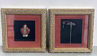 Two framed Asian collectibles side by side, hat pin on right, snuff bottle on left.
