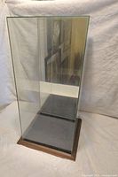 Rectangular glass display case standing upright on wooden base against a white background.