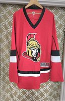 Full front view of men's NHL Ottawa Senators hockey jersey, predominantly red with team logo on front, black V-neck collar, black and white arm and hem stripes, labeled size L/XL.