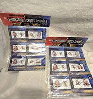 Two sealed packages of NHL-themed Canada Post Stamp Cards, each containing six player stamp cards.