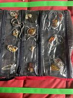 Assorted amber jewelry pieces in transparent organizer pouches