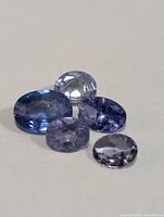 Five loose genuine tanzanite gemstones arranged on a light surface showing various cuts and color tones.