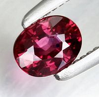 Close-up photo of the oval cut ruby held by tweezers, clearly showing the purplish red color and internal facets.