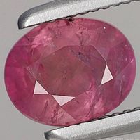 Close-up front view of oval cranberry pink sapphire held by tweezers showing the faceted cut and internal inclusions.
