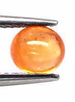 Close-up of the orange Spessartine garnet cabochon held by tweezers, showing size and clarity details.