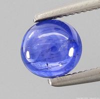 Close-up photo of the semi-round cabochon natural blue sapphire held by tweezers, showing color and clarity details