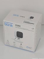 Front of the sealed Blink Mini camera box showing the product image and branding.