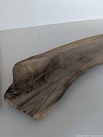 Close-up of natural wood grain showing the live edge with irregular shape and discoloration.