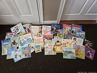 Photo showing the full lot of assorted children's books arranged on the floor, colorful covers visible.