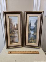 Two framed wilderness landscape paintings side by side with a ruler showing approximate size.