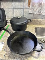 Both cast iron frying pan and pot with lid shown from front angle on kitchen counter near sink and stove