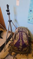 Silver adjustable tripod beside green-gray and purple Vanguard camera backpack on carpet